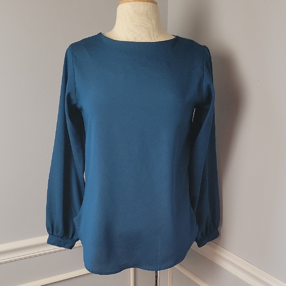 VERONICA M Teal Blue Green Long Sleeve‎ Boat Neck Office Business Blouse Top XS
